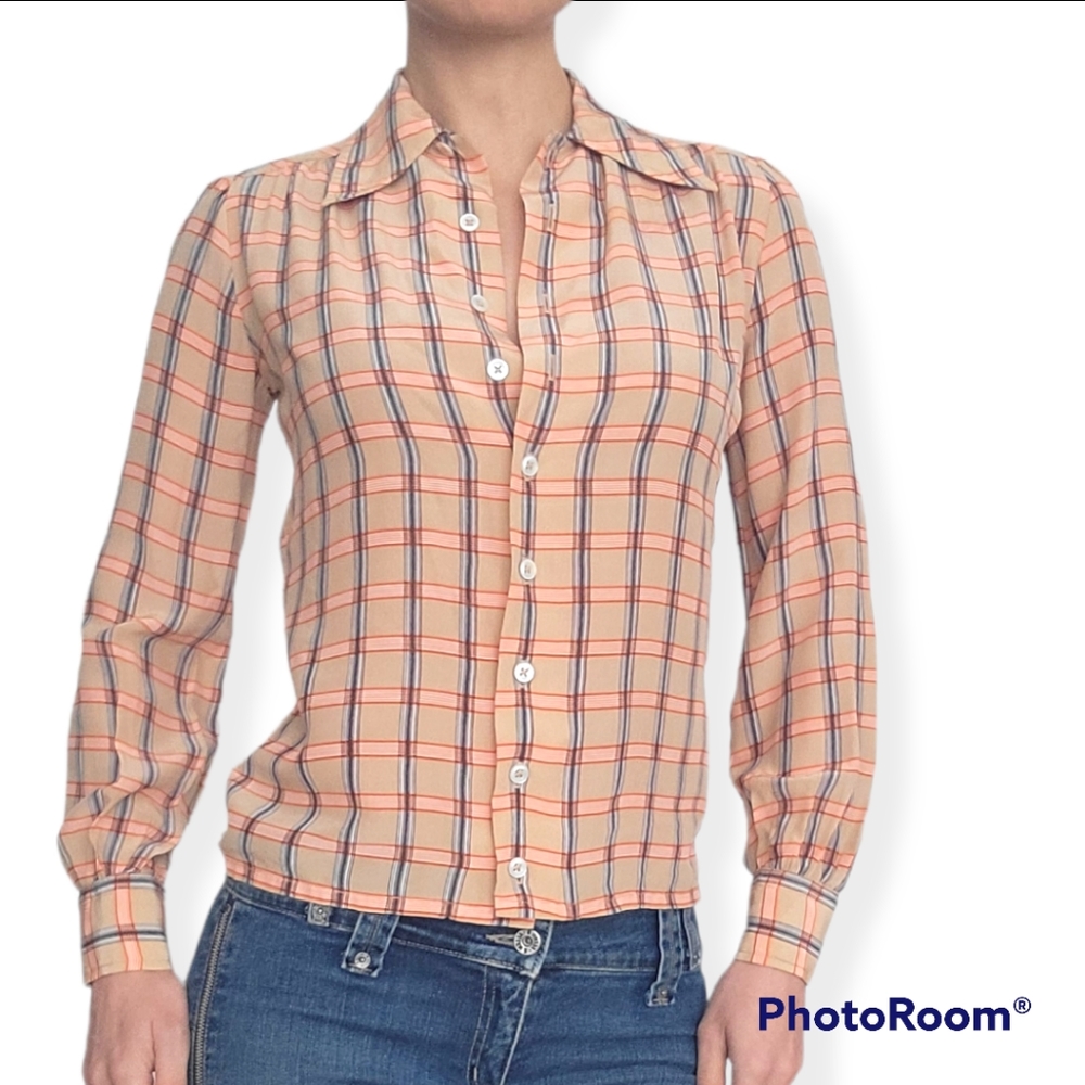 Jaeger Women Vintage Silk Plaid Long Sleeve Shirt  Size XS